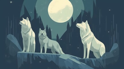 Three wolves howling at the moon in a mystical forest setting, depicted in a minimalist art style.