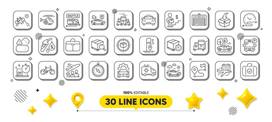 Car travel, Bicycle and Petrol station line icons pack. 3d design elements. Bus parking, Parking security, Mountain bike web icon. Inventory cart, Boxes pallet, Flag pictogram. Delivery online. Vector