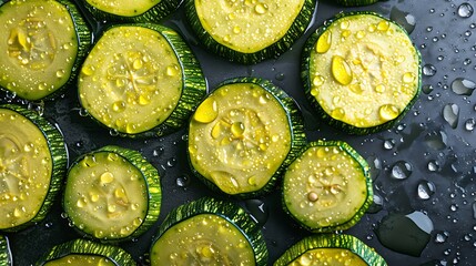 Wall Mural - Slabs filled with bright fresh zucchini with an overlay of droplets of water