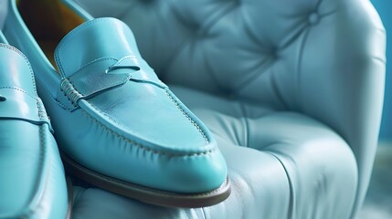 Sleek leather aqua loafers isolated on the stylish chair closeup