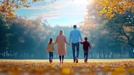 Family Walking in Autumn Forest