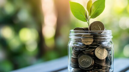 A Glass Jar Filled with Coins and a Green Sprout Growing from the Top