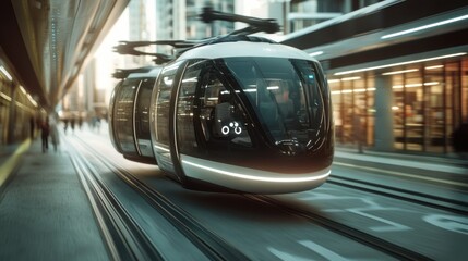 Futuristic electric train traveling through a city street