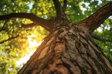 Looking Up at a Tall Tree Trunk with Sunlight Filtering Through the Leaves