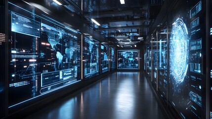 Poster - Futuristic Corridor with Glowing Digital Displays