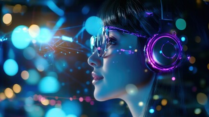 Wall Mural - Woman with Neon Headphones and Glasses Looking into the Distance