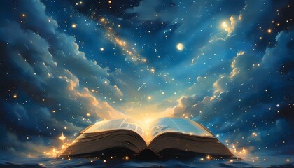 Enchanted bedtime tales under a starry night sky, exploring fantasy and imagination through books, magic stories, and cosmic adventures