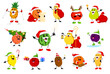 © Buch&Bee - Cartoon cheerful Christmas holiday fruit characters. Christmas season or happy New Year celebration funny tropical fruits vector personages of pineapple, orange, banana and apple, guava, peach