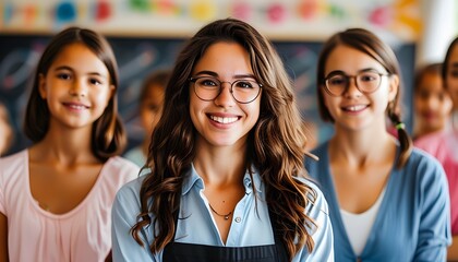 Wall Mural - Confident kindergarten teacher smiling in a vibrant classroom, fostering learning and development in early education with passion and dedication