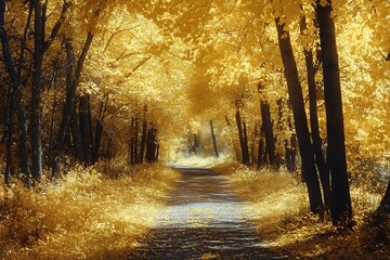 Canvas Print - Sunlit path through golden autumn forest