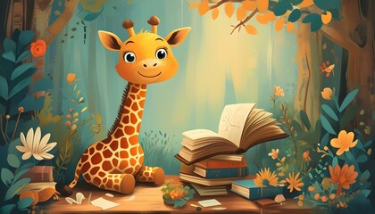 Wall Mural - Giraffe-themed World Book Day poster featuring animated illustrations promoting education, knowledge, and the joy of reading through creative design