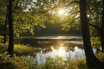 Sticker - Golden hour sunlight through trees reflecting in calm lake water