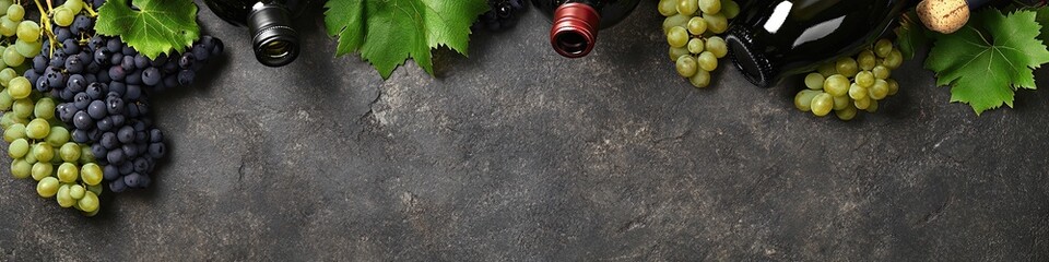 Wall Mural - Composition of wine bottles, glasses, grapes and grape leaves on a stone table. Top view. Free space for text. 