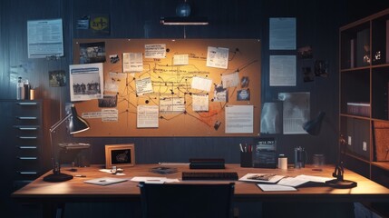 Detective board with clues over desk in police archive, crime scene photos connected on wall and case files in investigation office. Empty incident room with forensic evidence and surveillance. 