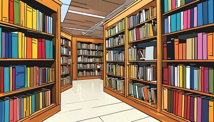 Library shelves filled with textbooks and novels, a haven for knowledge seekers and students immersed in research and education