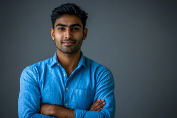 A handsome Indian man in a blue shirt stands with his arms crossed against a grey background.