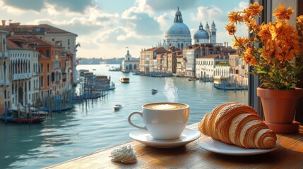 A cup of coffee and a croissant on the table, with the picturesque canals of Venice in the background