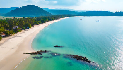 Aerial view of the beach near Mon State in Myanmar, captured by drone, showcasing the unique natural beauty of Myanmar.