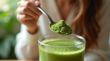 A woman carefully adds vibrant green matcha powder into a glass of blended smoothie, highlighting the preparation of a healthy, energizing drink.