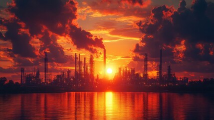 Wall Mural - Silhouetted Refinery at Sunset