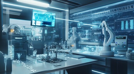 Poster - Futuristic Laboratory Interior with Robotic Arm and Digital Displays