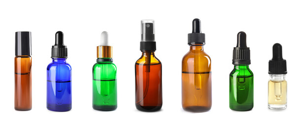 Poster - Oregano essential oils in bottles on white background, collection