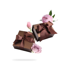 Sticker - Gift boxes and flowers in air on white background