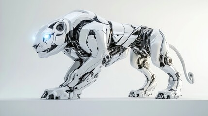 Canvas Print - A chrome robotic lion with glowing blue eyes