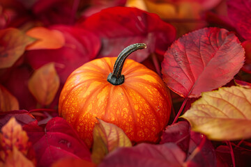 An orange pumpkin lies on the ground in crimson leaves.