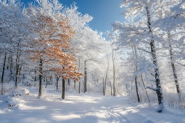 Poster - Winter Wonderland Forest,  Snow Covered Trees and a Single Brown Tree in Sunlight