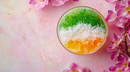 Colorful Cendol with green rice flour jelly strands, coconut milk, and palm sugar syrup, served in a glass bowl