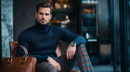 Stylish man sitting on chair and looking camera. Confident fashion model in fashionable outfit turtleneck knitted sweater, plaid trousers, leather shoes and bag. Office clothes style for businessmen