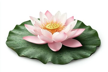 A beautiful pink lotus flower floating on a green lily pad, symbolizing purity and tranquility in nature, white background