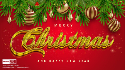 Aufkleber - Merry christmas and happy new year gold text effect with christmas element and glitter on red background 