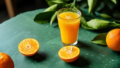 Vibrant orange juice in a glass beside halved fresh oranges on a textured green stone table