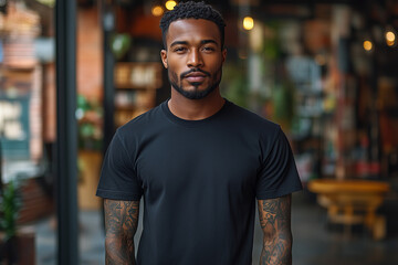 tattooed man model in black t shirt