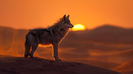 Wall Mural - Standing in the heart of a wide desert is a single wolf