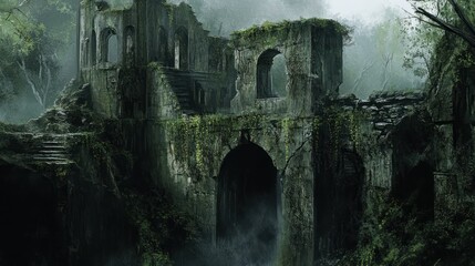 Canvas Print - Overgrown Stone Ruins in a Mist-Shrouded Forest