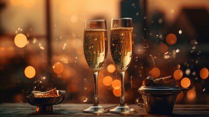 two champagne flutes against a festive blurred background