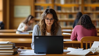 Wall Mural - Focused female student studying in college library with laptop for exams and assignments, blending education and technology in an academic environment.