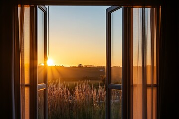 Canvas Print - Open window with sunset view through curtains. Golden light, warm glow, hope, and new beginnings