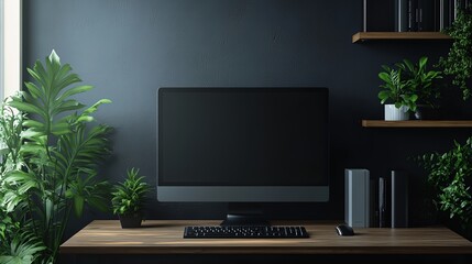 a computer monitor sitting on top of a wooden desk next to a plant filled wall mounted shelf with books