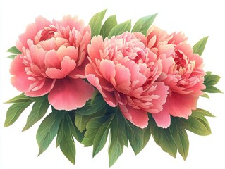 A beautiful arrangement of pink peonies with lush green leaves, perfect for adding a touch of elegance to your designs, white background