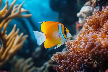 Colorful tropical fish swimming among coral reef in blue ocean