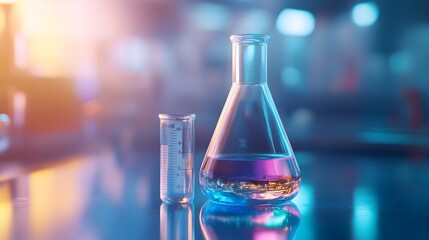 Poster - Glass Erlenmeyer Flask and Graduated Cylinder on a Shiny Surface