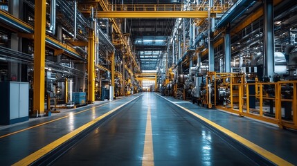 Poster - A large industrial building with yellow pipes. The building is empty and the floor is shiny