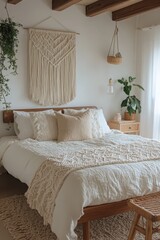 Poster - A macramé wall hanging enhances a minimalist bedroom with neutral tones, cozy textiles, and natural elements, creating a serene atmosphere for relaxation