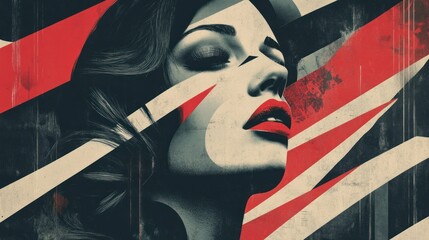 Poster - A Woman's Face with Red Lips, Partially Obscured by Geometric Shapes