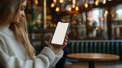 Young woman using smartphone with blank screen in cafe.