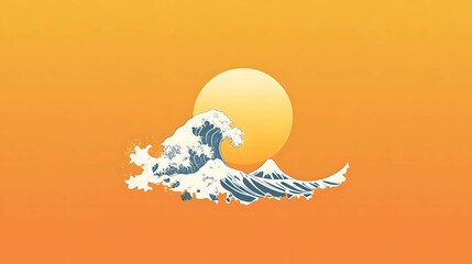 Minimalist illustration of a giant wave crashing with a sun in the background,